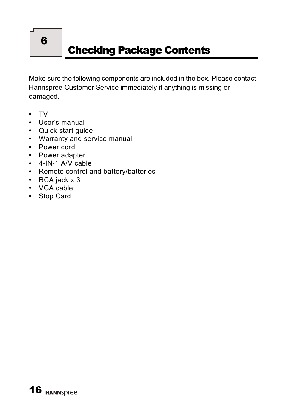 Checking package contents, 6checking package contents | HANNspree LT0G-15U1-000 User Manual | Page 17 / 85
