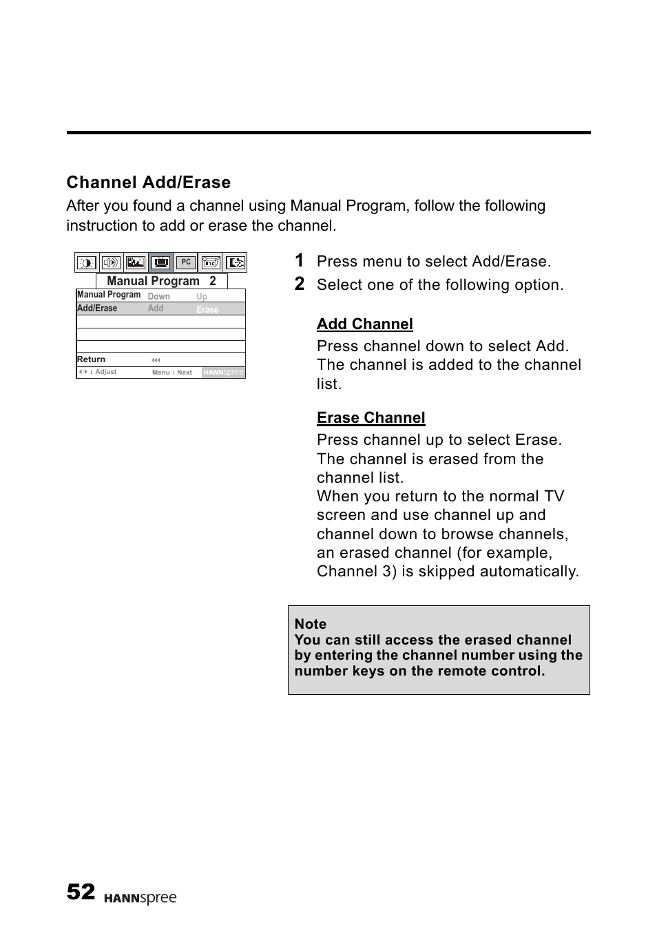 Channel add/erase, Press menu to select add/erase | HANNspree LT0G-15U1-000 User Manual | Page 53 / 85