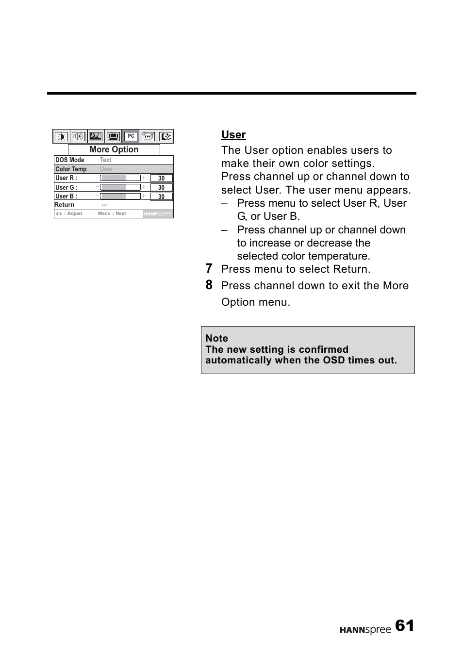 Press menu to select return, Press channel down to exit the more option menu | HANNspree LT0G-15U1-000 User Manual | Page 62 / 85