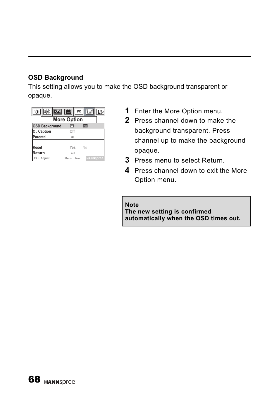 Enter the more option menu, Press menu to select return, Press channel down to exit the more option menu | HANNspree LT0G-15U1-000 User Manual | Page 69 / 85