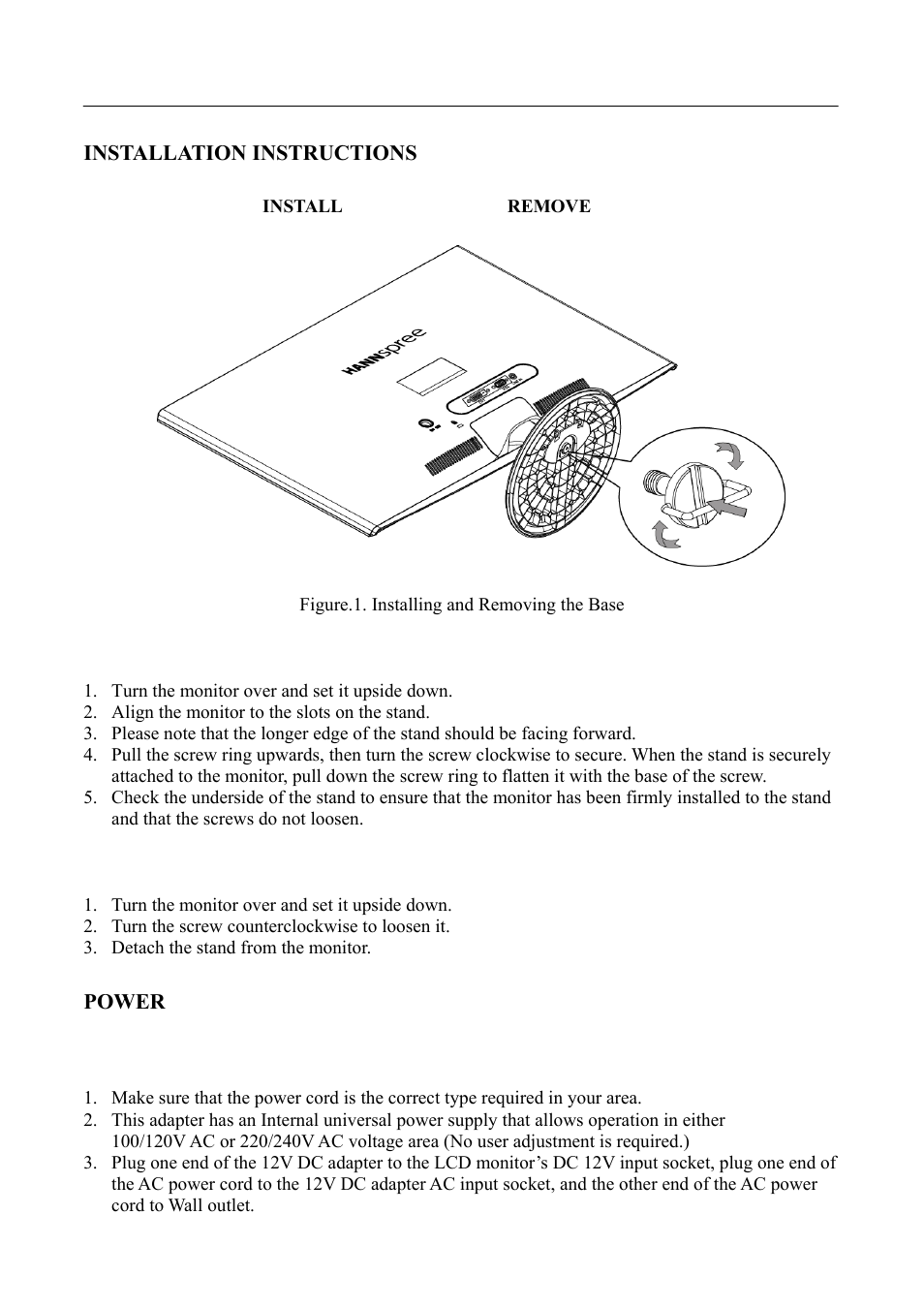 Installation instructions, Power | HANNspree SL231 User Manual | Page 8 / 22