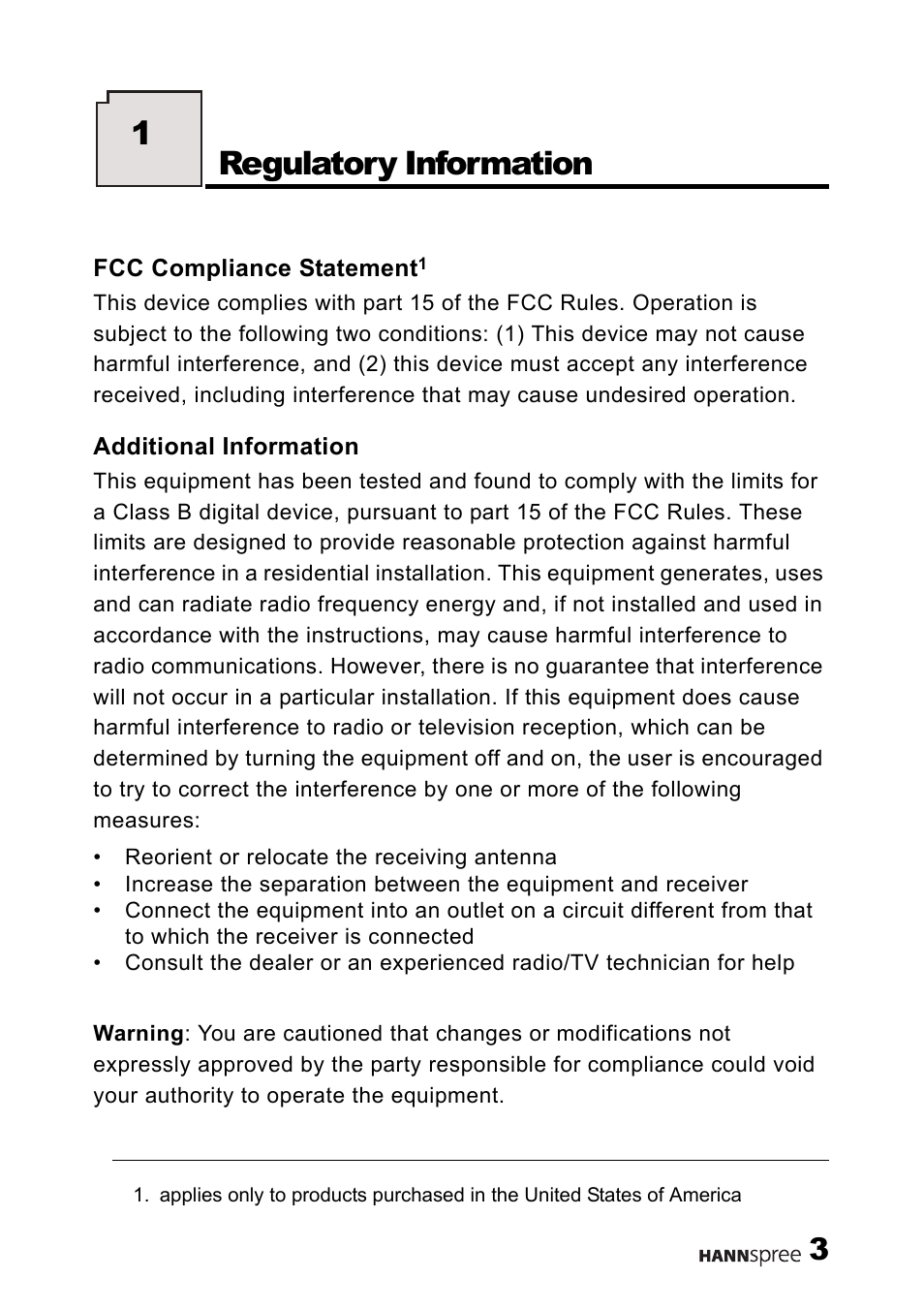 Regulatory information, 1regulatory information | HANNspree HANNShelicopter User Manual | Page 4 / 63