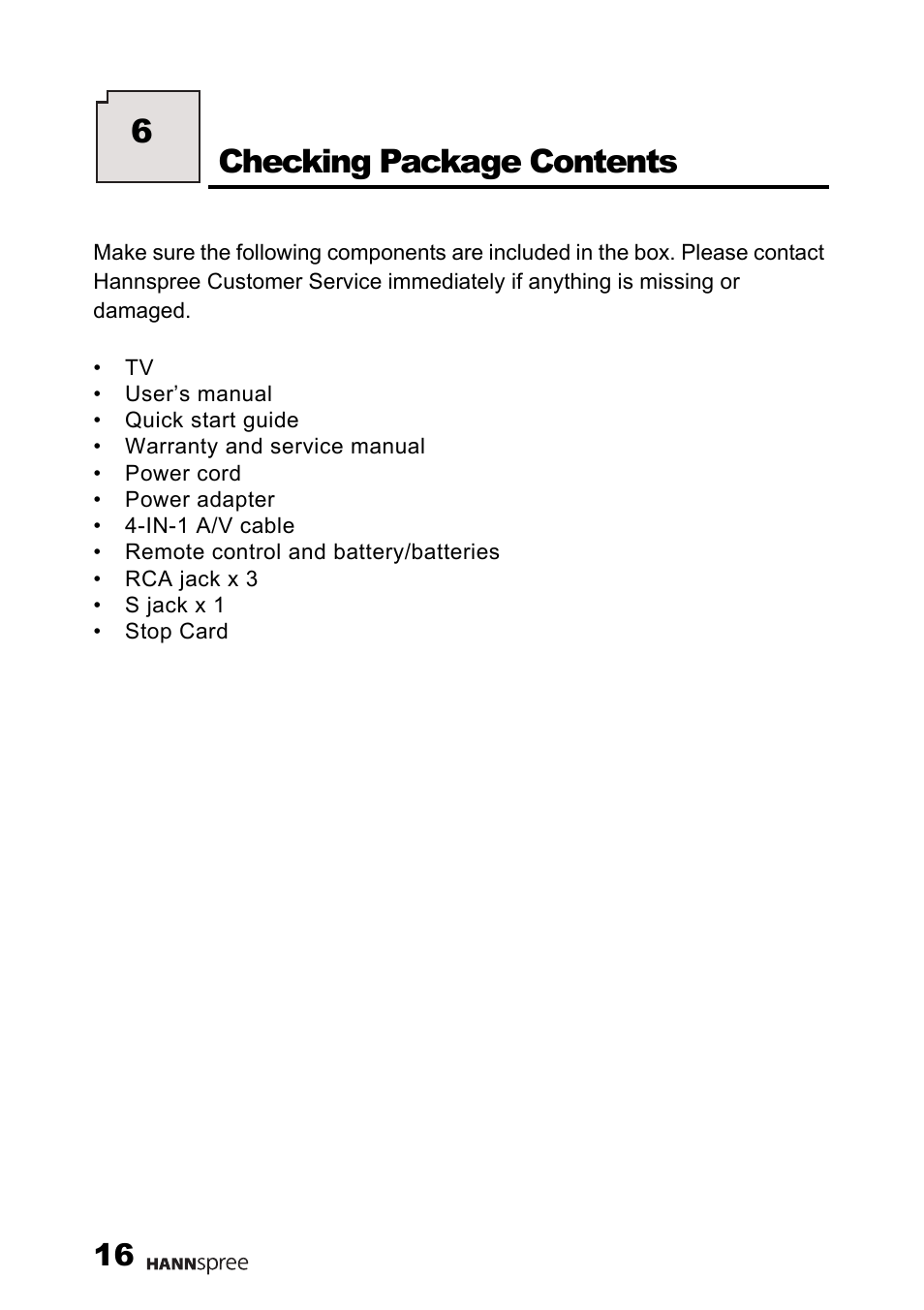 Checking package contents, 6checking package contents | HANNspree LT02-12U1-000 User Manual | Page 17 / 63