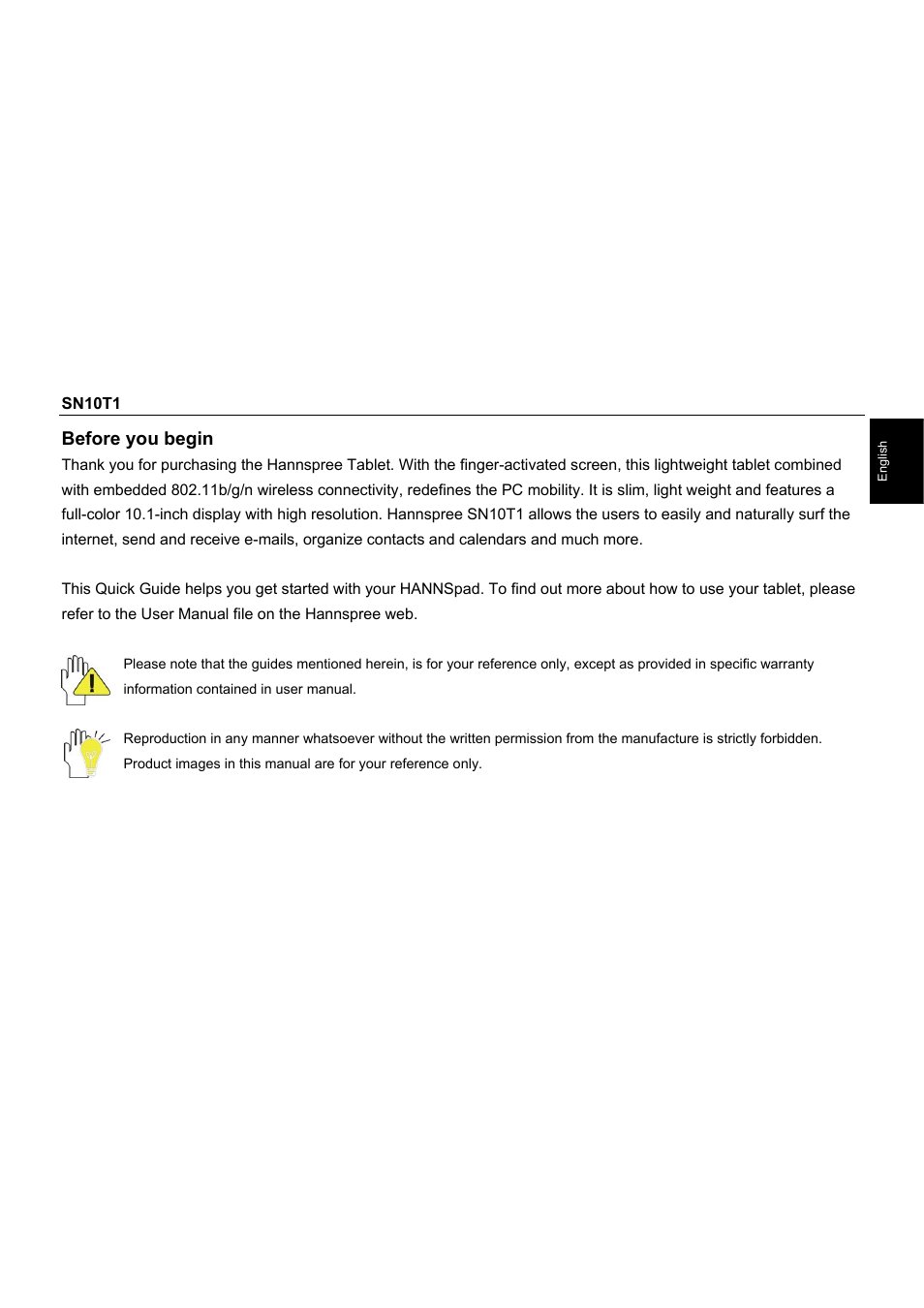 S_sn10t1_q_all_v01_6_english-1014, Before you begin | HANNspree SN10T1 User Manual | Page 3 / 32