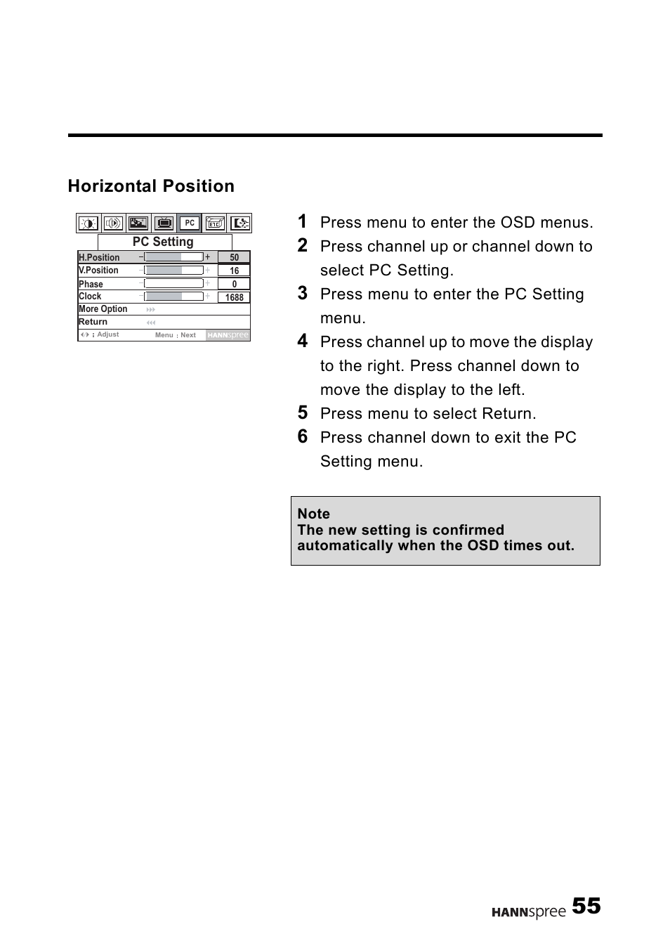 Horizontal position | HANNspree F001-15U1-000 User Manual | Page 56 / 85