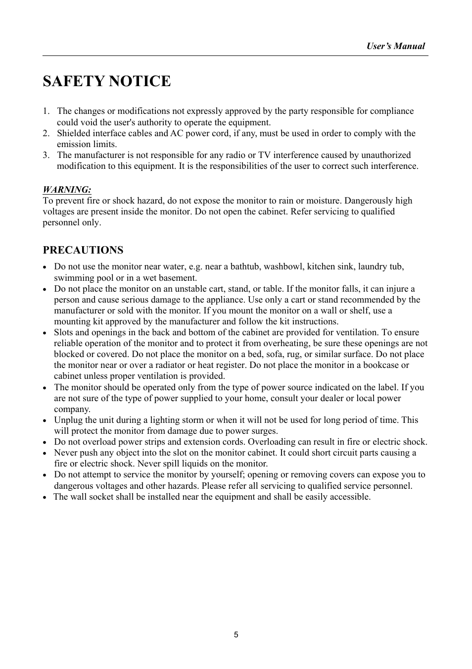 Safety notice, Precautions | HANNspree HF207 User Manual | Page 5 / 23