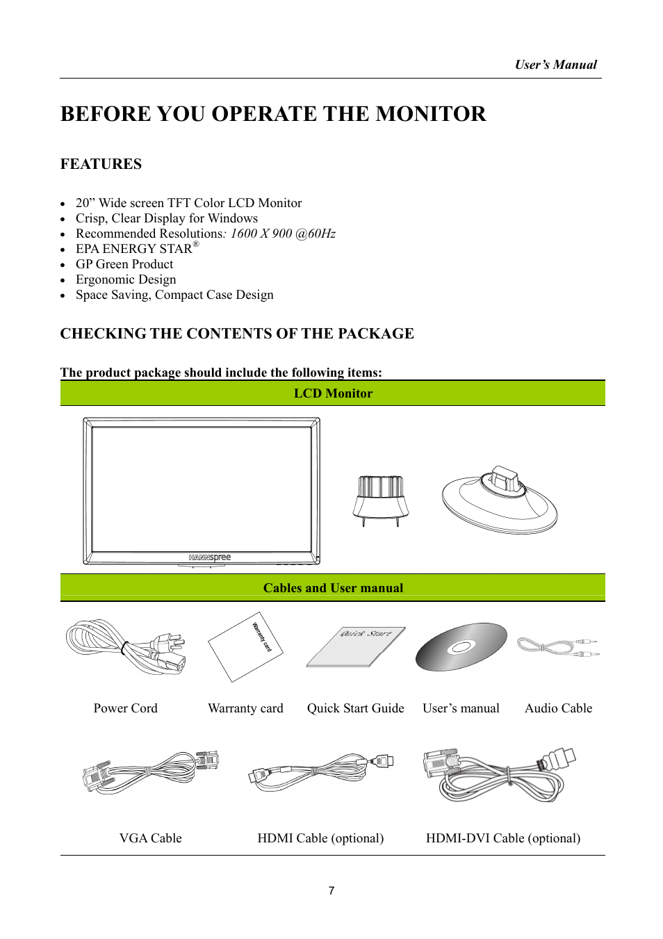 Before you operate the monitor, Features, Checking the contents of the package | HANNspree HF207 User Manual | Page 7 / 23