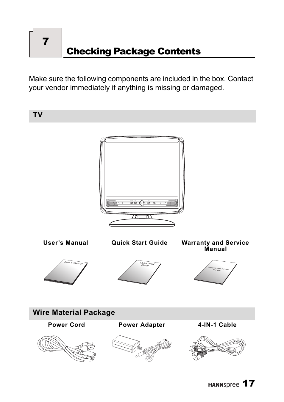 Checking package contents, Wire material package | HANNspree ST34-15A1 User Manual | Page 19 / 59