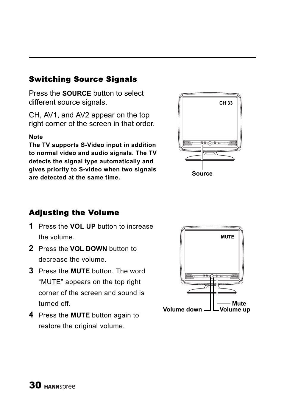 Switching source signals, Adjusting the volume, Switching source signals adjusting the volume | HANNspree ST34-15A1 User Manual | Page 32 / 59