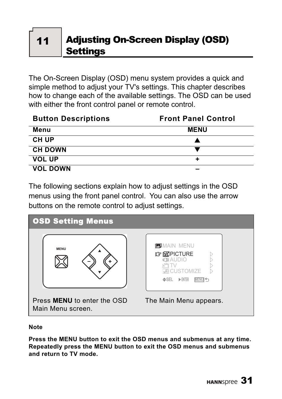 Adjusting on-screen display (osd) settings, Osd setting menus | HANNspree ST34-15A1 User Manual | Page 33 / 59