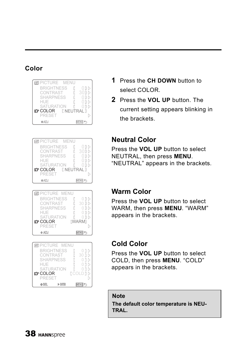 Color, Neutral color, Warm color | Cold color, Press the ch down button to select color | HANNspree ST34-15A1 User Manual | Page 40 / 59