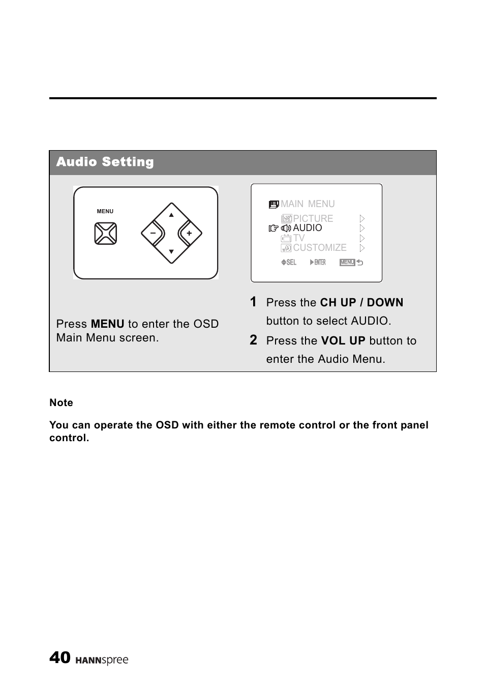 Audio setting, Press menu to enter the osd main menu screen, Press the ch up / down button to select audio | Press the vol up button to enter the audio menu | HANNspree ST34-15A1 User Manual | Page 42 / 59