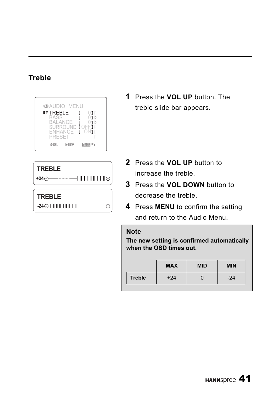 Treble, Press the vol up button to increase the treble, Press the vol down button to decrease the treble | HANNspree ST34-15A1 User Manual | Page 43 / 59