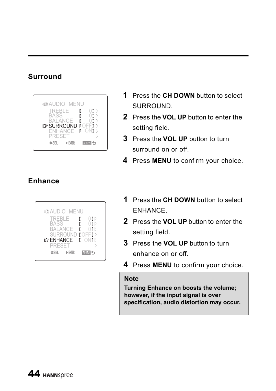 Surround, Enhance, Surround enhance | HANNspree ST34-15A1 User Manual | Page 46 / 59
