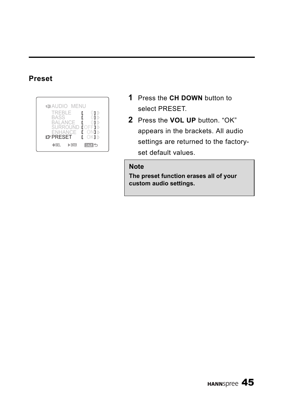 Preset, Press the ch down button to select preset | HANNspree ST34-15A1 User Manual | Page 47 / 59