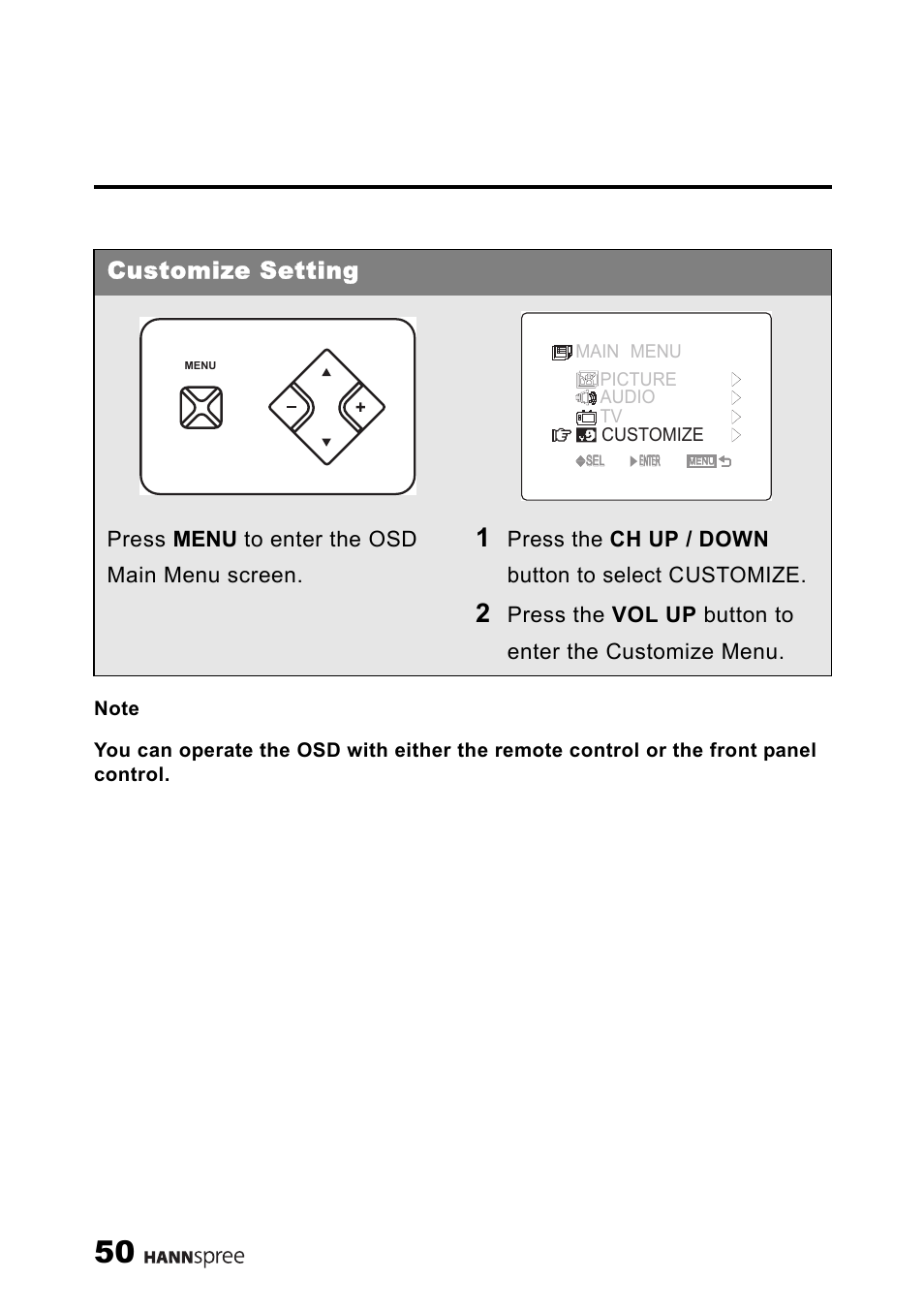 Customize setting, Press menu to enter the osd main menu screen, Press the ch up / down button to select customize | HANNspree ST34-15A1 User Manual | Page 52 / 59