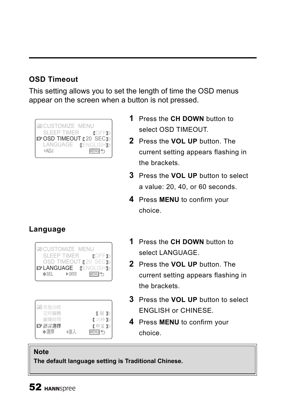 Osd timeout, Language, Osd timeout language | HANNspree ST34-15A1 User Manual | Page 54 / 59