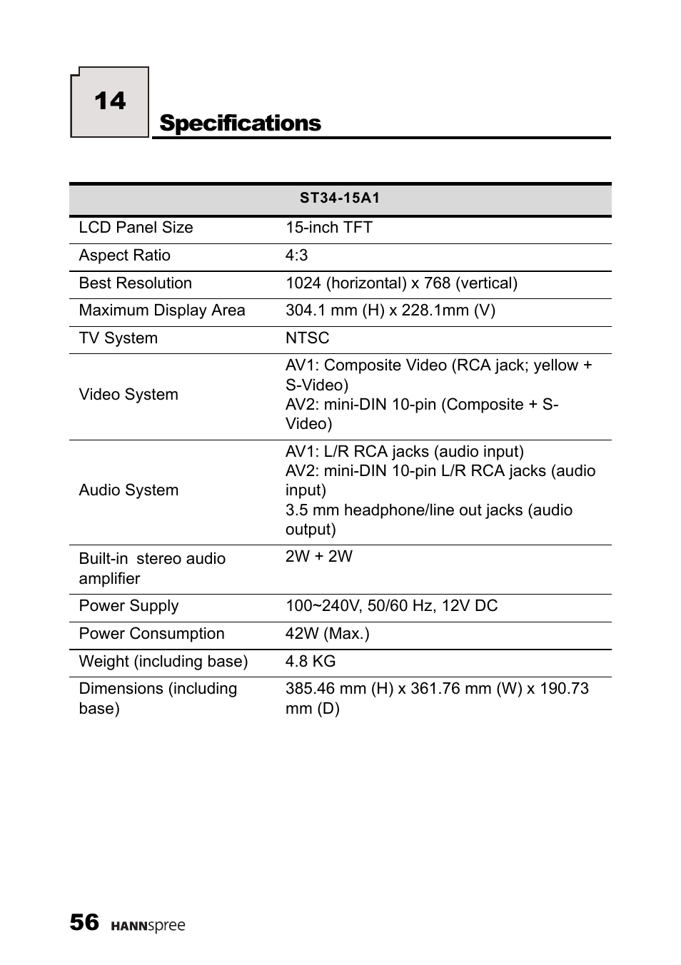 Specifications | HANNspree ST34-15A1 User Manual | Page 58 / 59
