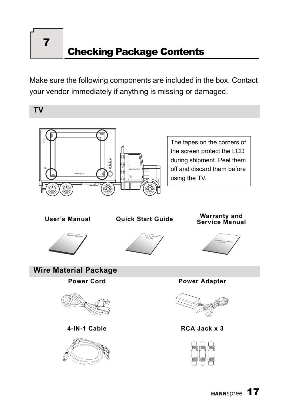 Checking package contents, Wire material package | HANNspree 9.6'' Liquid Crystal Display Television K223-10A1 User Manual | Page 18 / 61