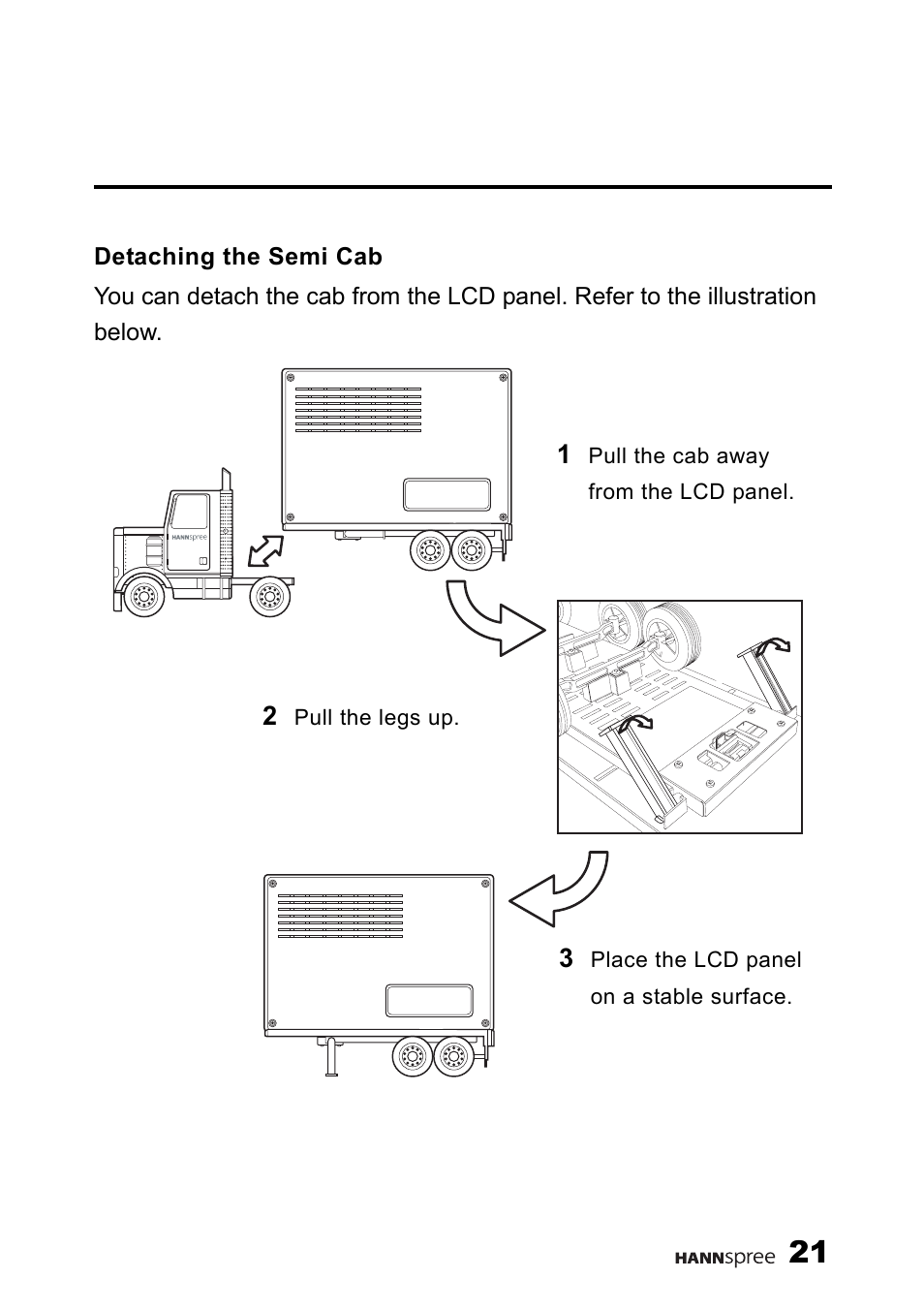 Detaching the semi cab | HANNspree 9.6'' Liquid Crystal Display Television K223-10A1 User Manual | Page 22 / 61
