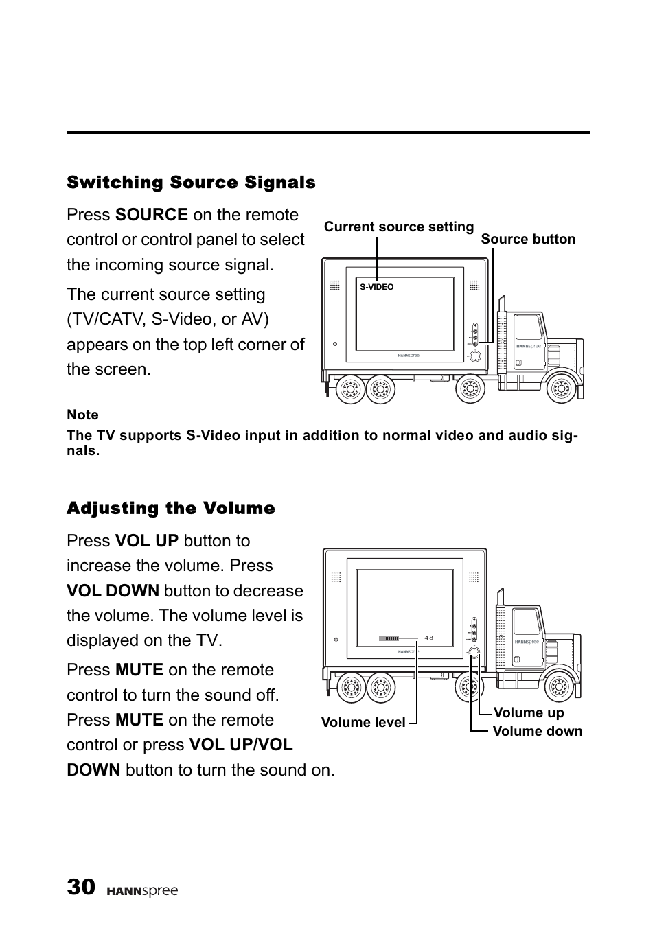 Switching source signals, Adjusting the volume | HANNspree 9.6'' Liquid Crystal Display Television K223-10A1 User Manual | Page 31 / 61
