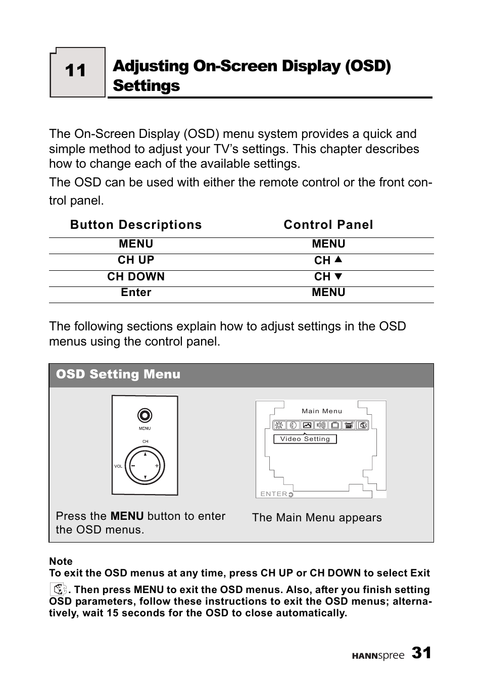 Adjusting on-screen display (osd) settings | HANNspree 9.6'' Liquid Crystal Display Television K223-10A1 User Manual | Page 32 / 61