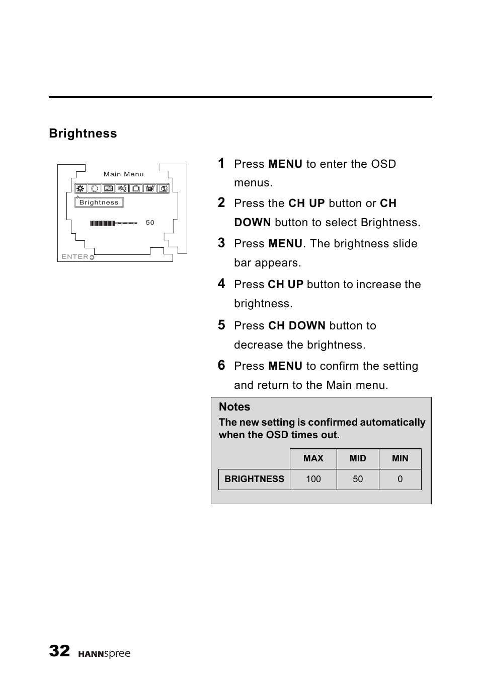Brightness | HANNspree 9.6'' Liquid Crystal Display Television K223-10A1 User Manual | Page 33 / 61