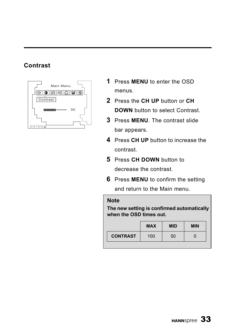 Contrast | HANNspree 9.6'' Liquid Crystal Display Television K223-10A1 User Manual | Page 34 / 61