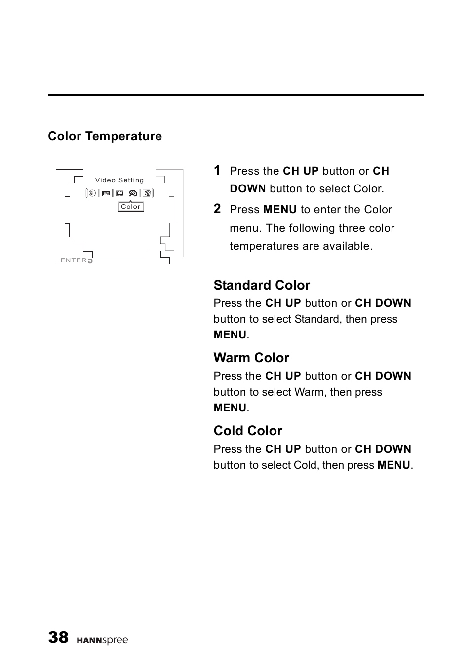 Color temperature, Standard color, Warm color | Cold color | HANNspree 9.6'' Liquid Crystal Display Television K223-10A1 User Manual | Page 39 / 61