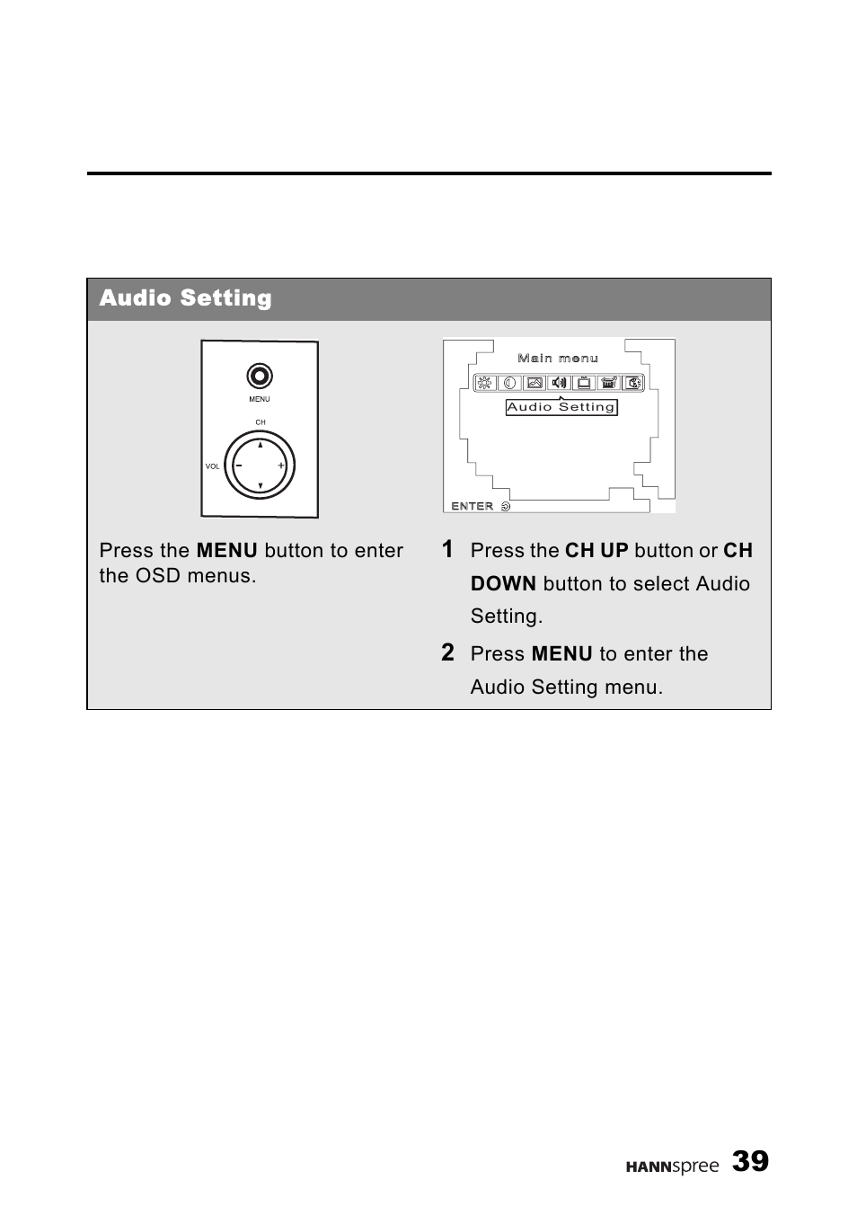 Audio setting | HANNspree 9.6'' Liquid Crystal Display Television K223-10A1 User Manual | Page 40 / 61