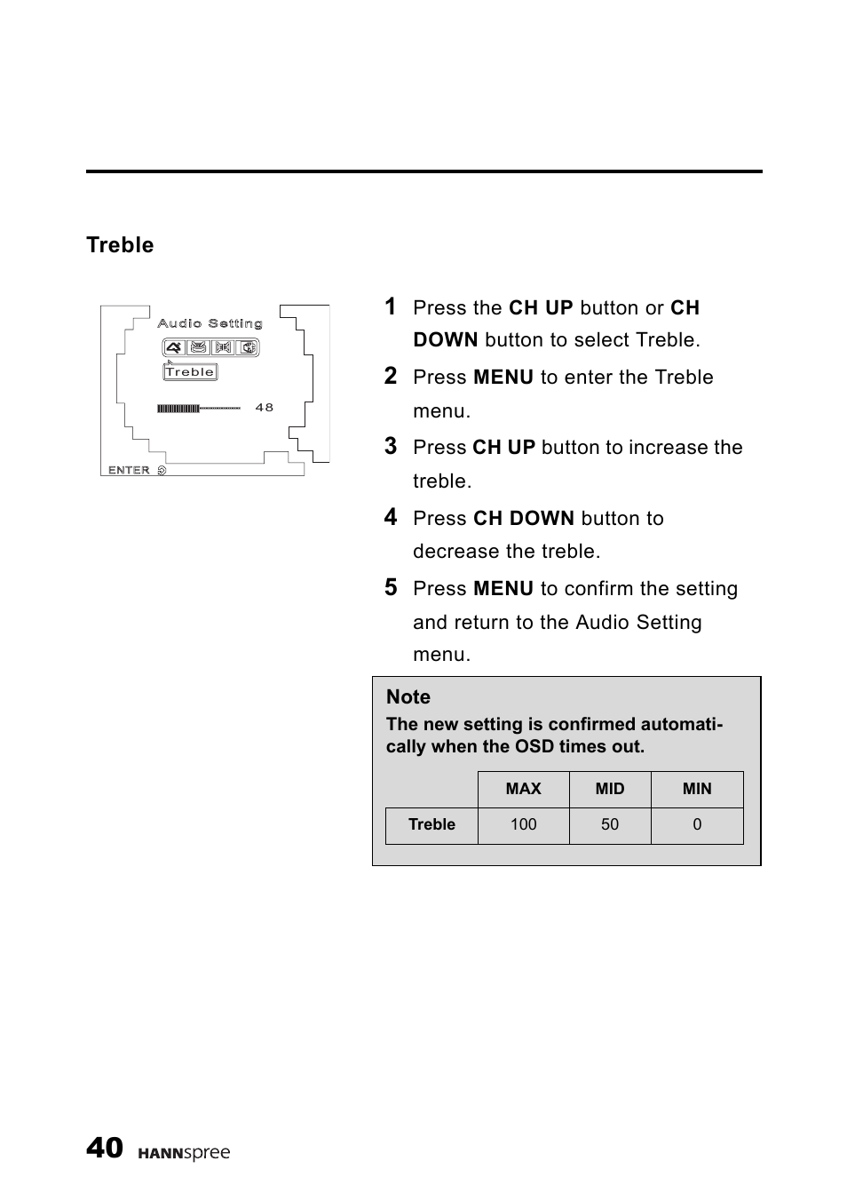 Treble | HANNspree 9.6'' Liquid Crystal Display Television K223-10A1 User Manual | Page 41 / 61