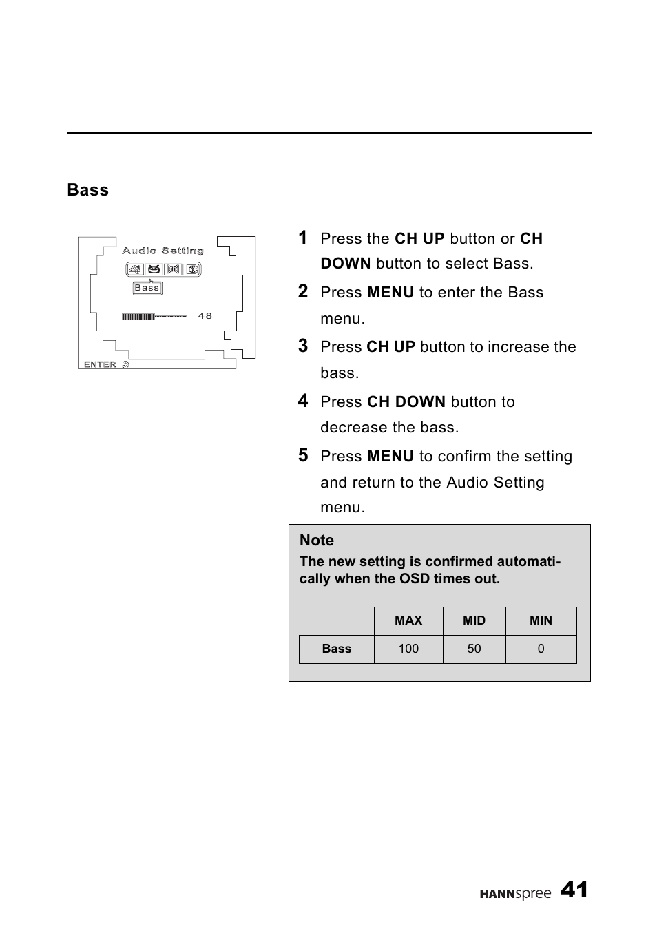 Bass | HANNspree 9.6'' Liquid Crystal Display Television K223-10A1 User Manual | Page 42 / 61