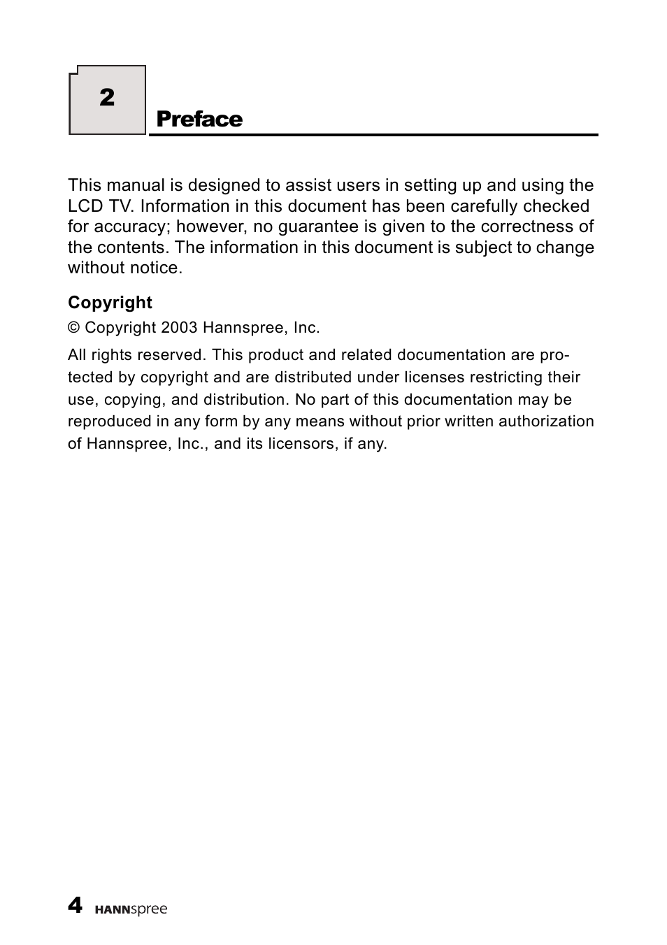 Preface | HANNspree 9.6'' Liquid Crystal Display Television K223-10A1 User Manual | Page 5 / 61