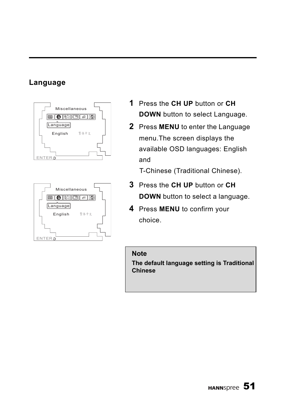 Language, Press menu to confirm your choice | HANNspree 9.6'' Liquid Crystal Display Television K223-10A1 User Manual | Page 52 / 61