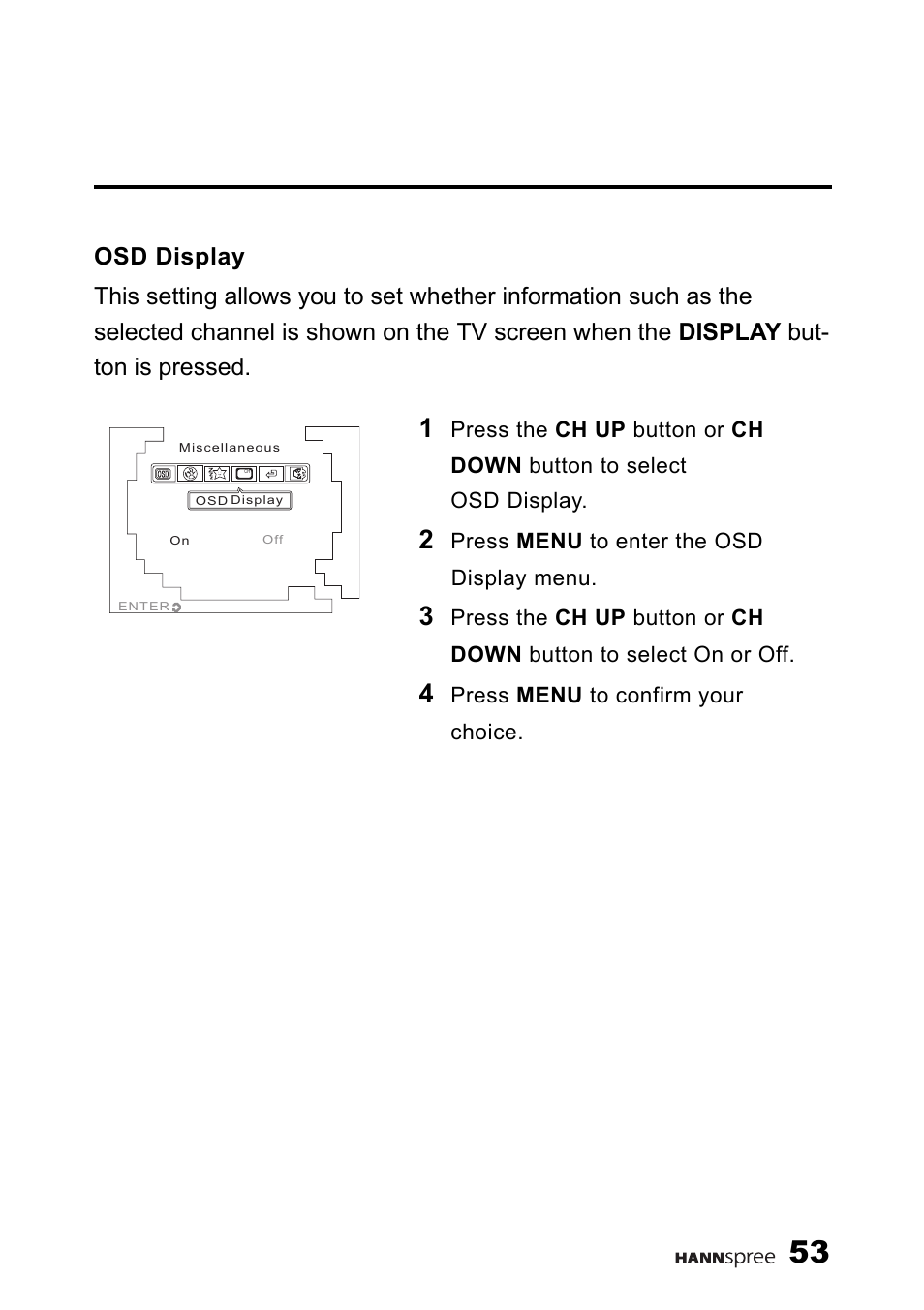Osd display, Press menu to enter the osd display menu, Press menu to confirm your choice | HANNspree 9.6'' Liquid Crystal Display Television K223-10A1 User Manual | Page 54 / 61