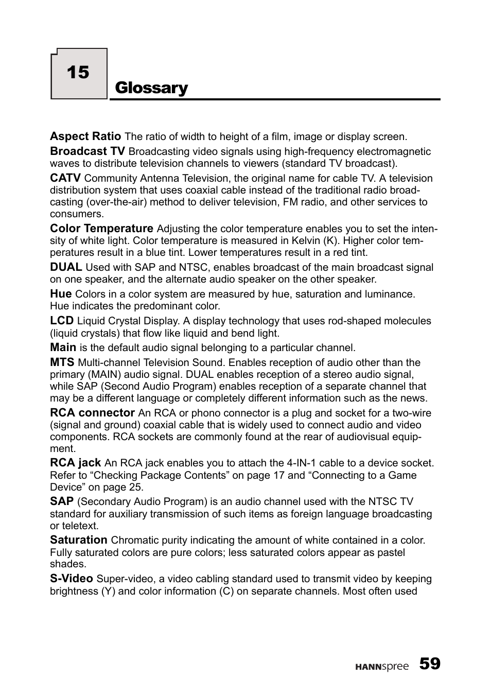 Glossary | HANNspree 9.6'' Liquid Crystal Display Television K223-10A1 User Manual | Page 60 / 61