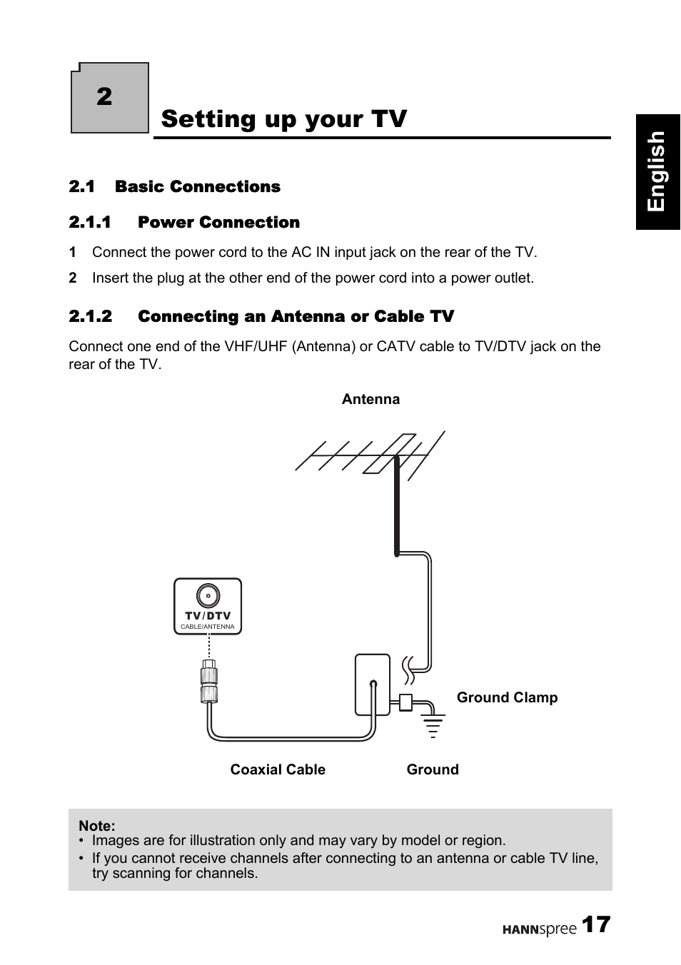 2setting up your tv, 17 english | HANNspree 62-01000016G000 User Manual | Page 18 / 39