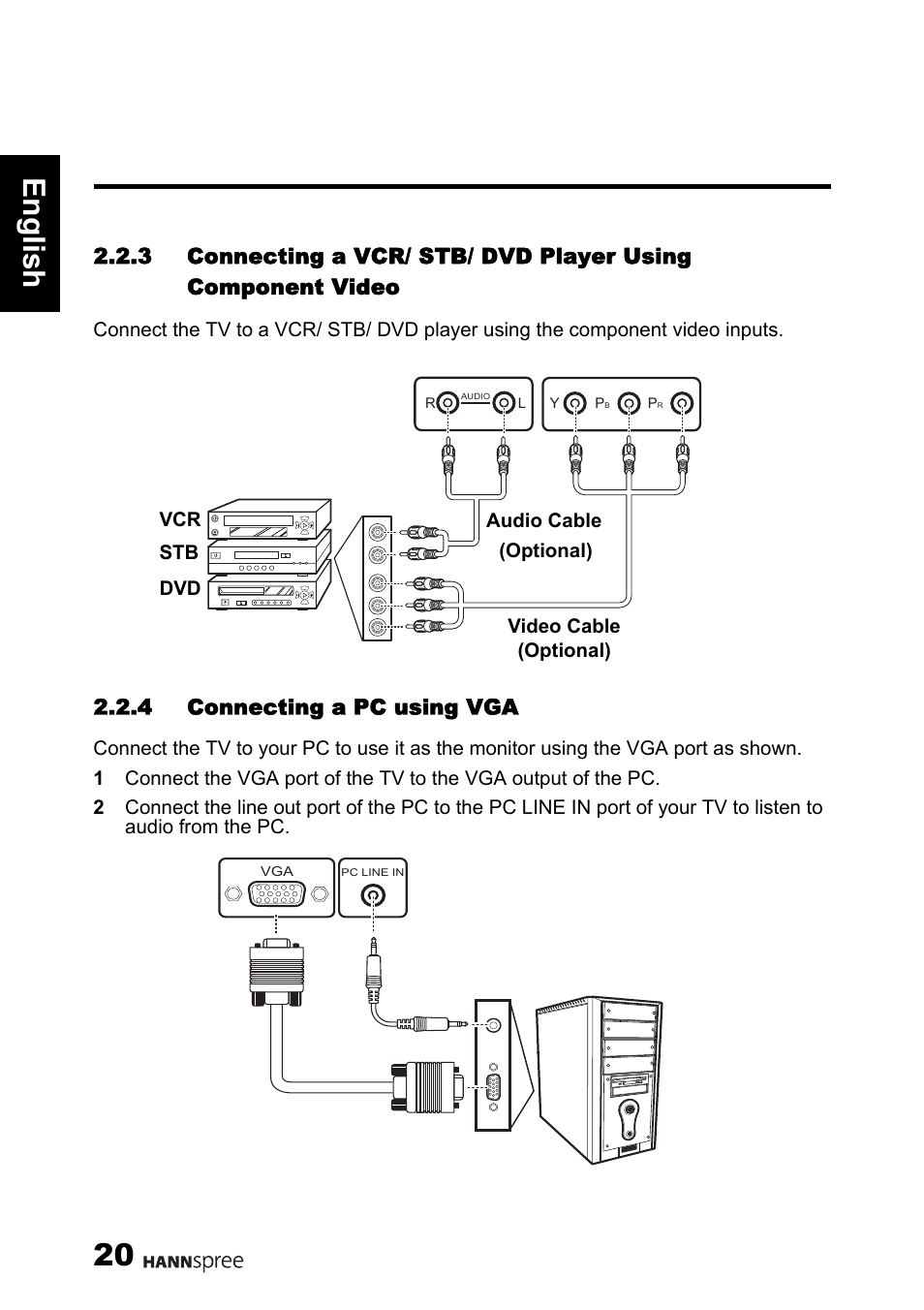 20 engli sh, 4 connecting a pc using vga | HANNspree 62-01000016G000 User Manual | Page 21 / 39