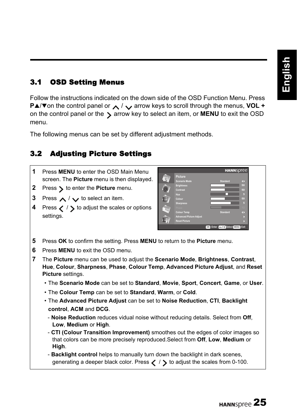 English 25, 1 osd setting menus, 2 adjusting picture settings | HANNspree 62-01000016G000 User Manual | Page 26 / 39
