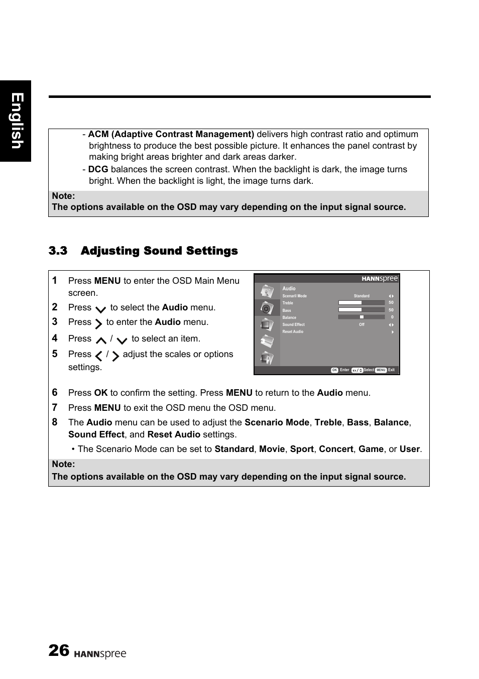 Engli sh 26, 3 adjusting sound settings | HANNspree 62-01000016G000 User Manual | Page 27 / 39