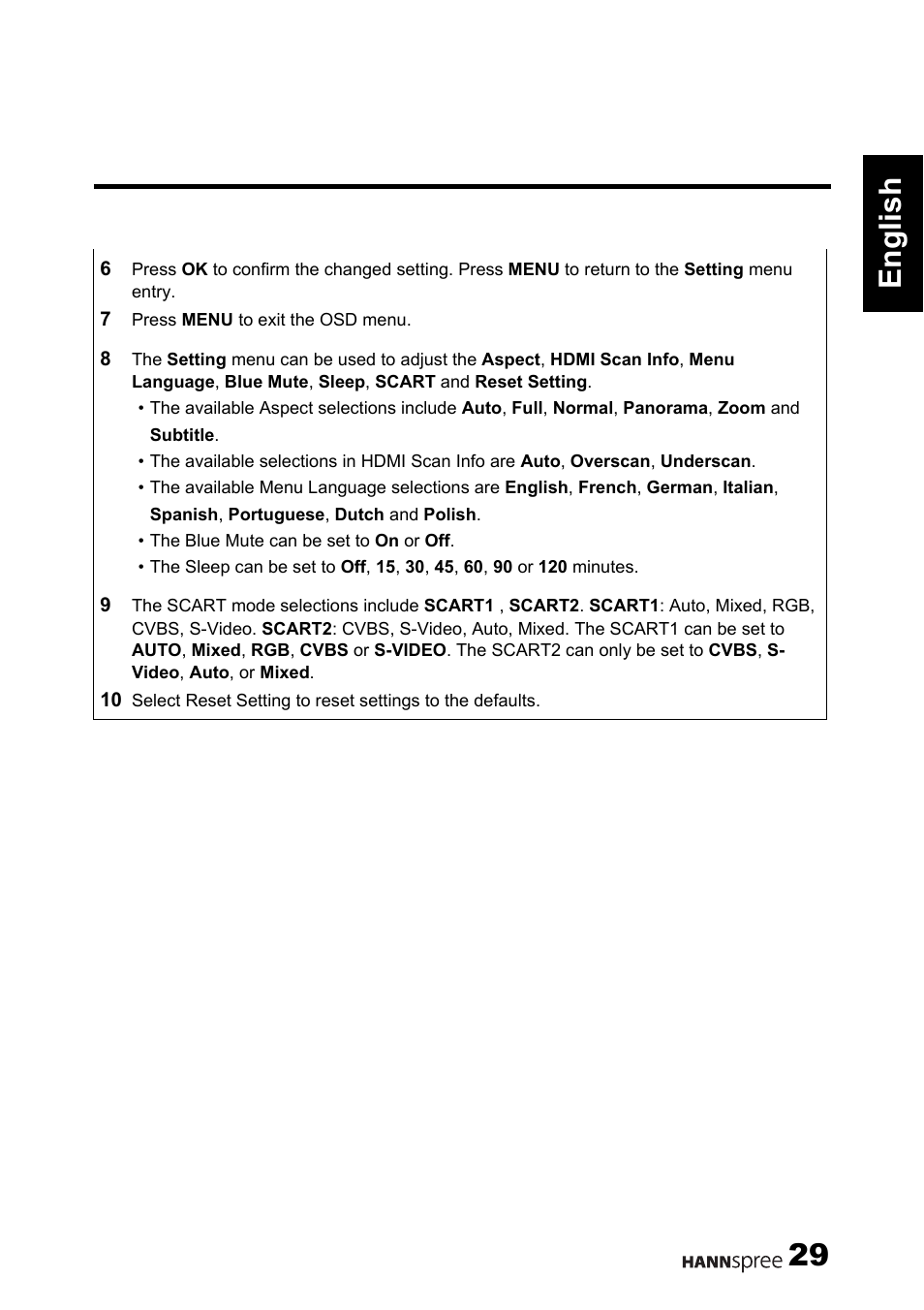 English 29 | HANNspree 62-01000016G000 User Manual | Page 30 / 39