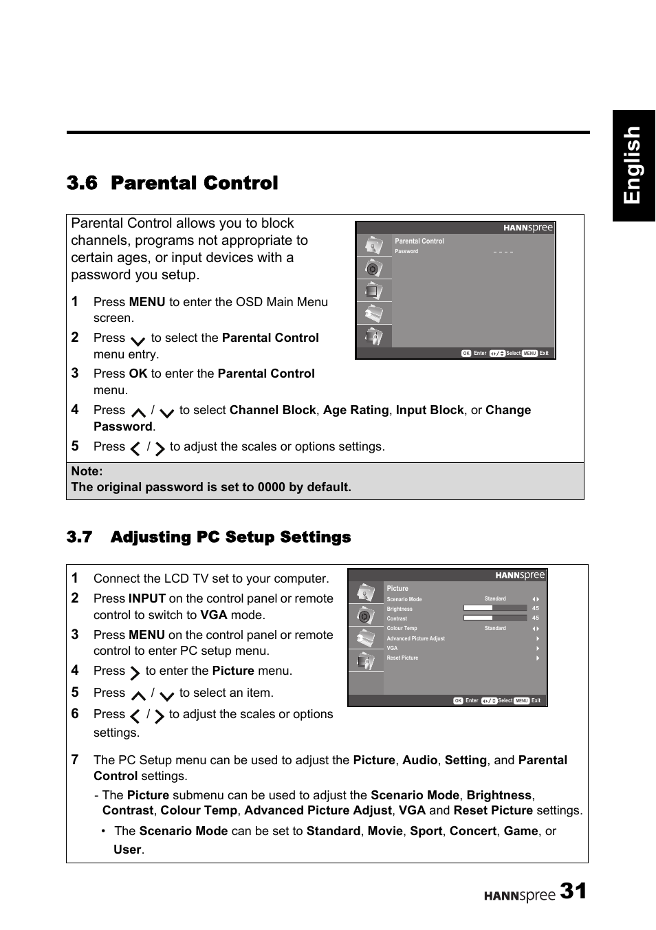 English 31, 6 parental control, 7 adjusting pc setup settings | HANNspree 62-01000016G000 User Manual | Page 32 / 39