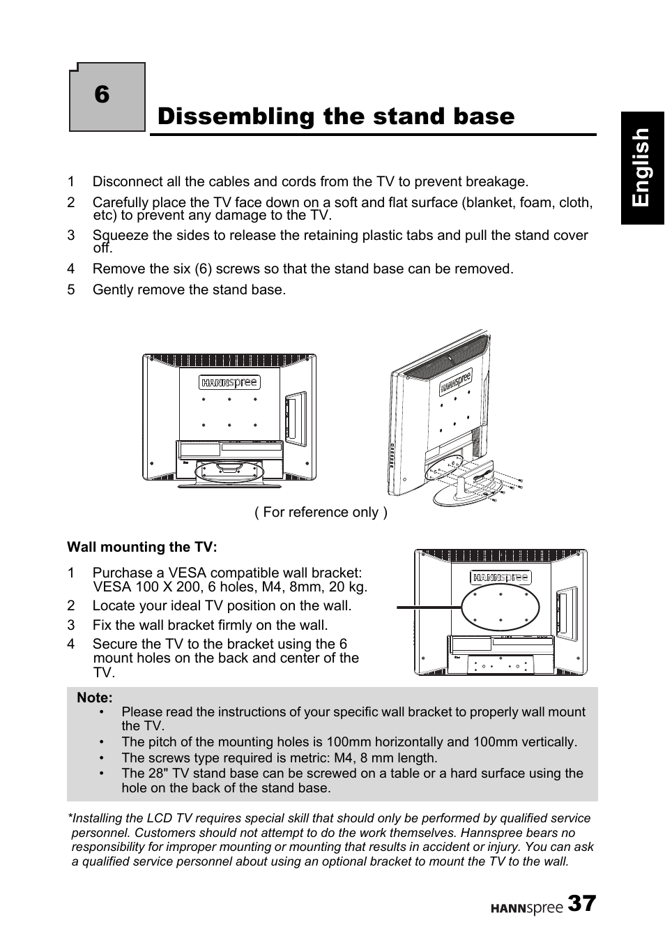 6dissembling the stand base, 37 english | HANNspree 62-01000016G000 User Manual | Page 38 / 39