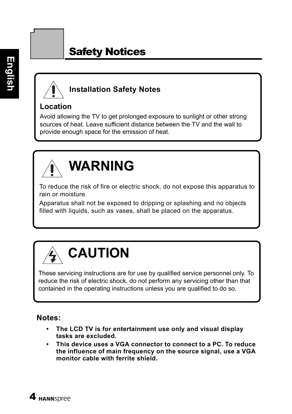 Warning, Caution, Safety notices | 4engli sh | HANNspree 62-01000016G000 User Manual | Page 5 / 39