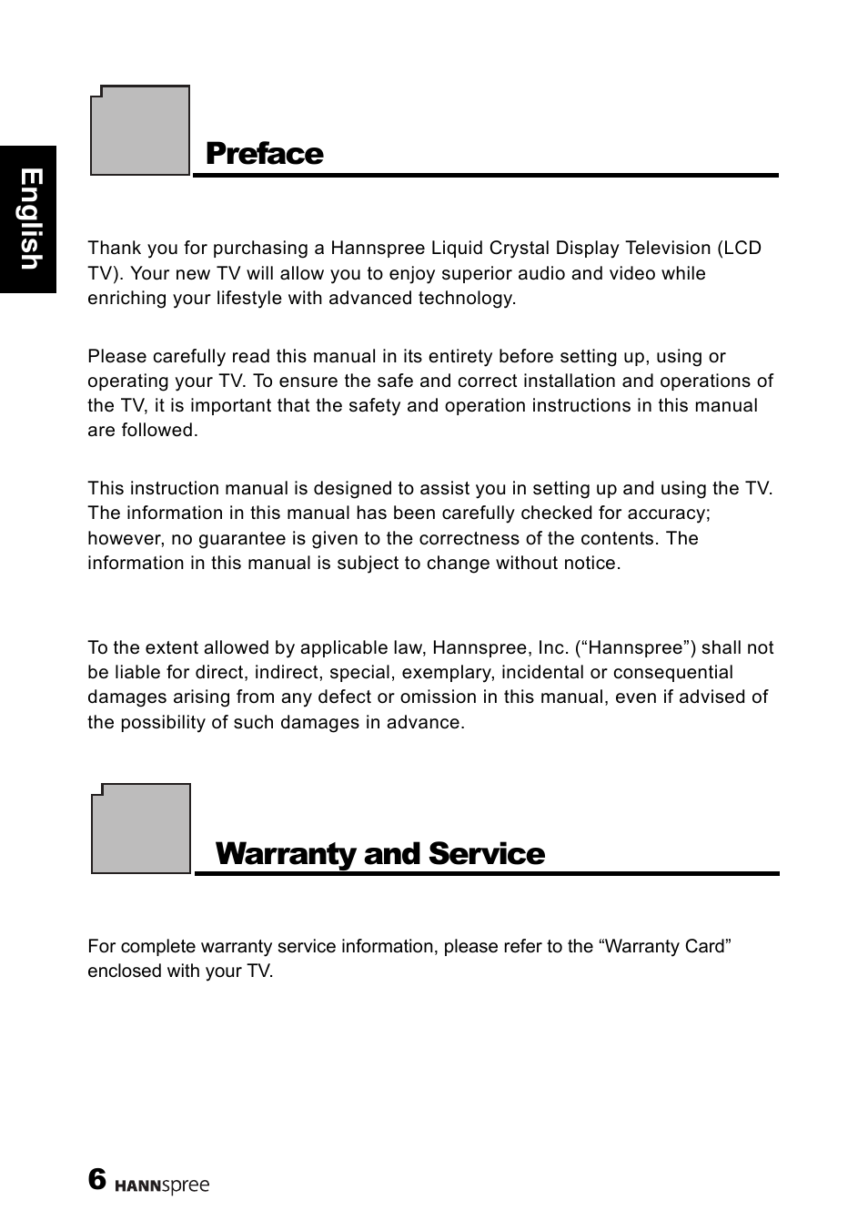 Preface, Warranty and service, 6engli sh | HANNspree 62-01000016G000 User Manual | Page 7 / 39