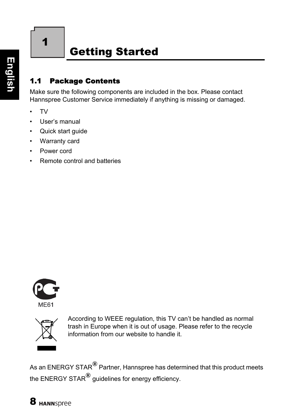 1getting started, 8engli sh | HANNspree 62-01000016G000 User Manual | Page 9 / 39
