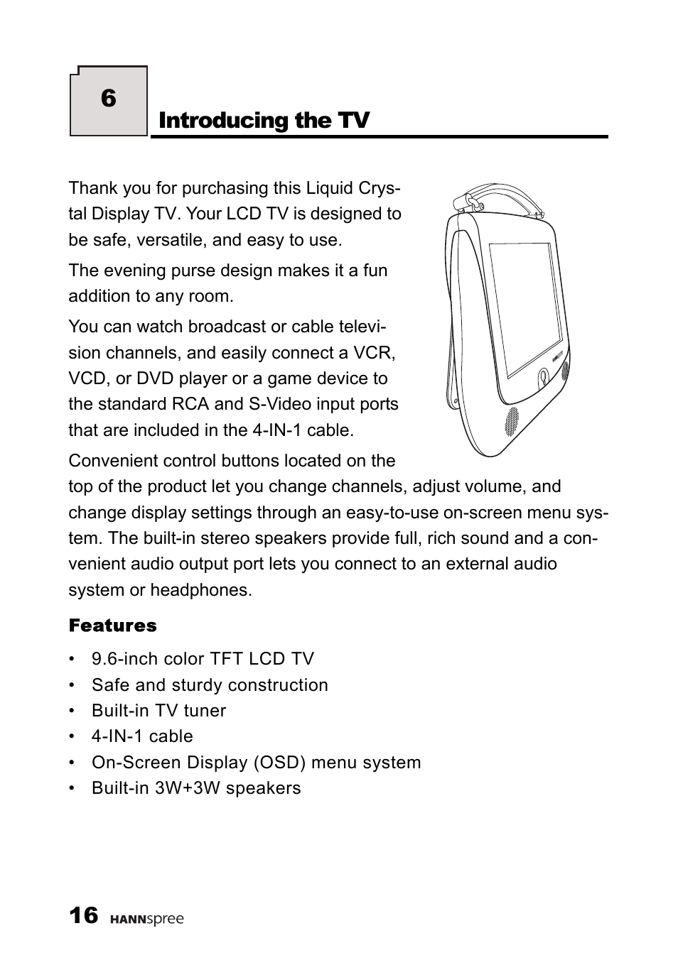 Features, Introducing the tv | HANNspree F660-10A1 User Manual | Page 17 / 59