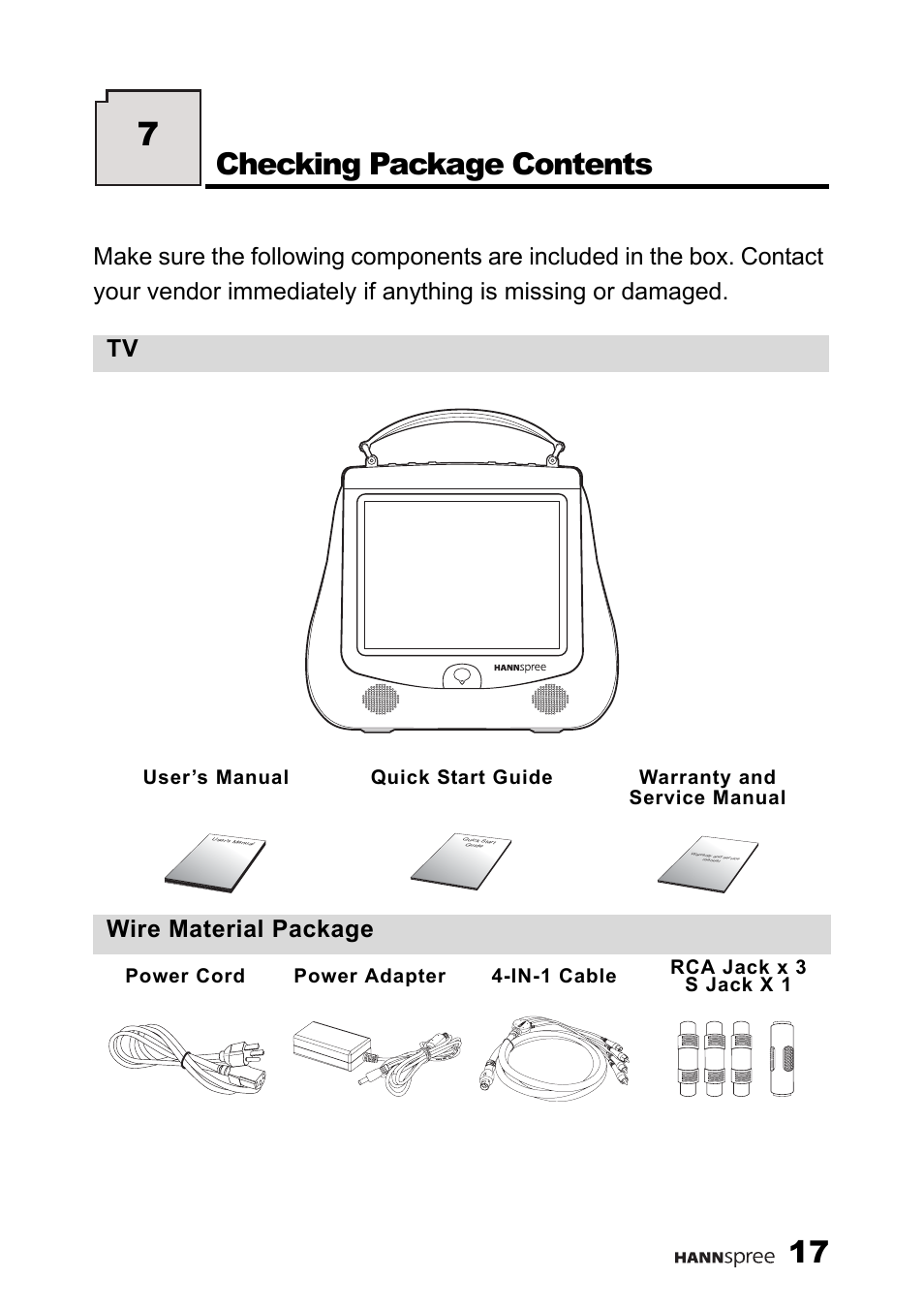 Checking package contents, Wire material package | HANNspree F660-10A1 User Manual | Page 18 / 59