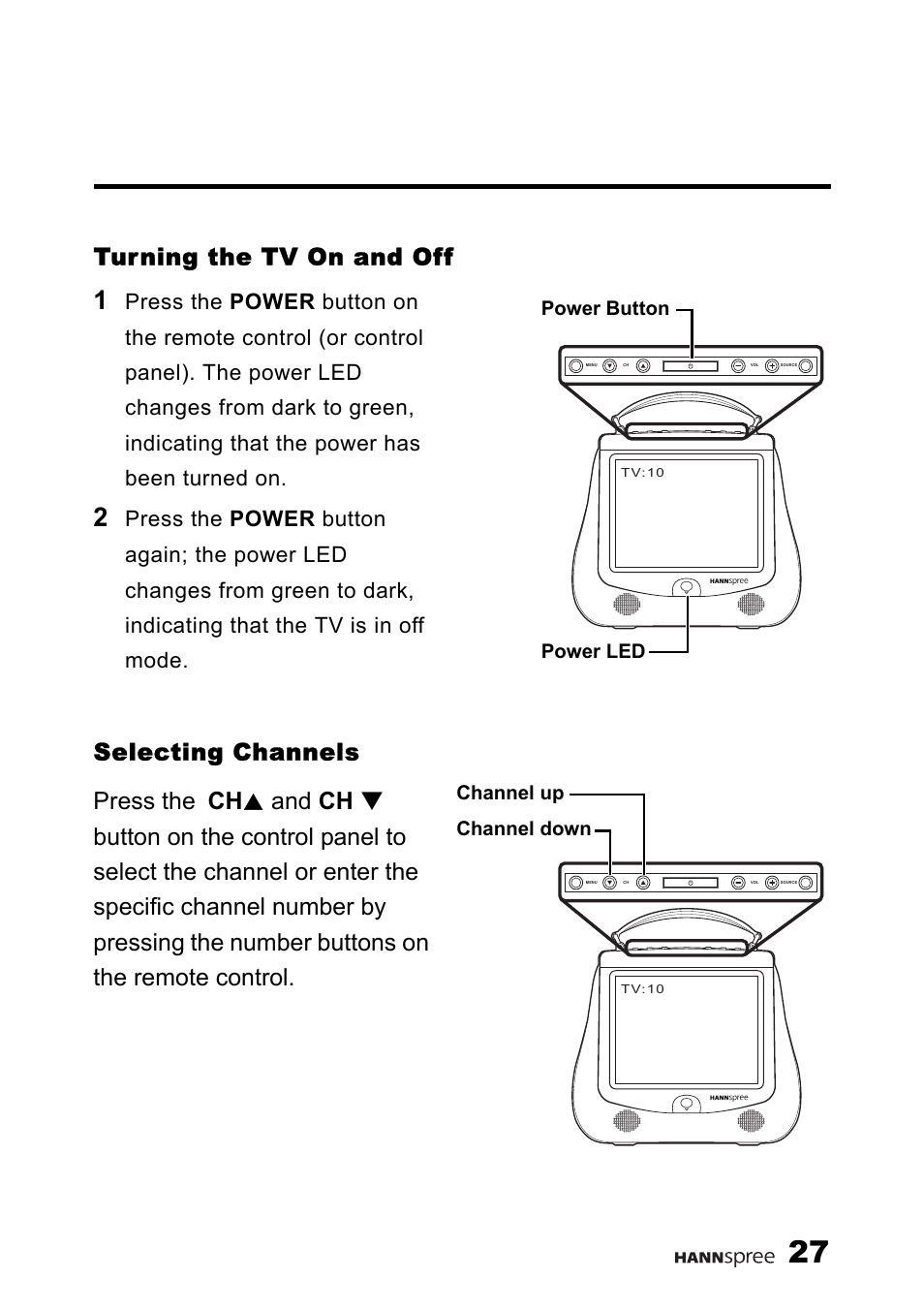 Turning the tv on and off, Selecting channels, Power led power button | Channel up channel down | HANNspree F660-10A1 User Manual | Page 28 / 59