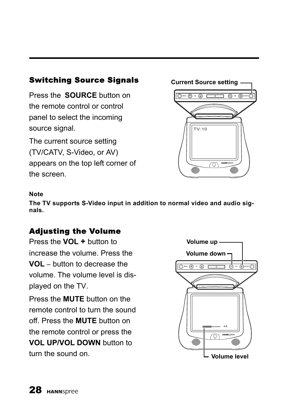 Switching source signals, Adjusting the volume press the vol, Button to increase the volume. press the vol | HANNspree F660-10A1 User Manual | Page 29 / 59